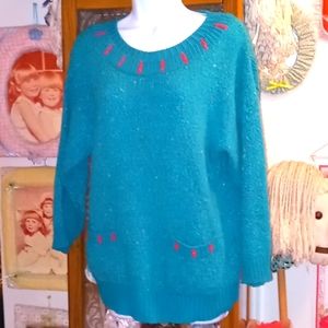 Vintage 80's Turquoise "Tweedy" Sweater with red & yellow accents